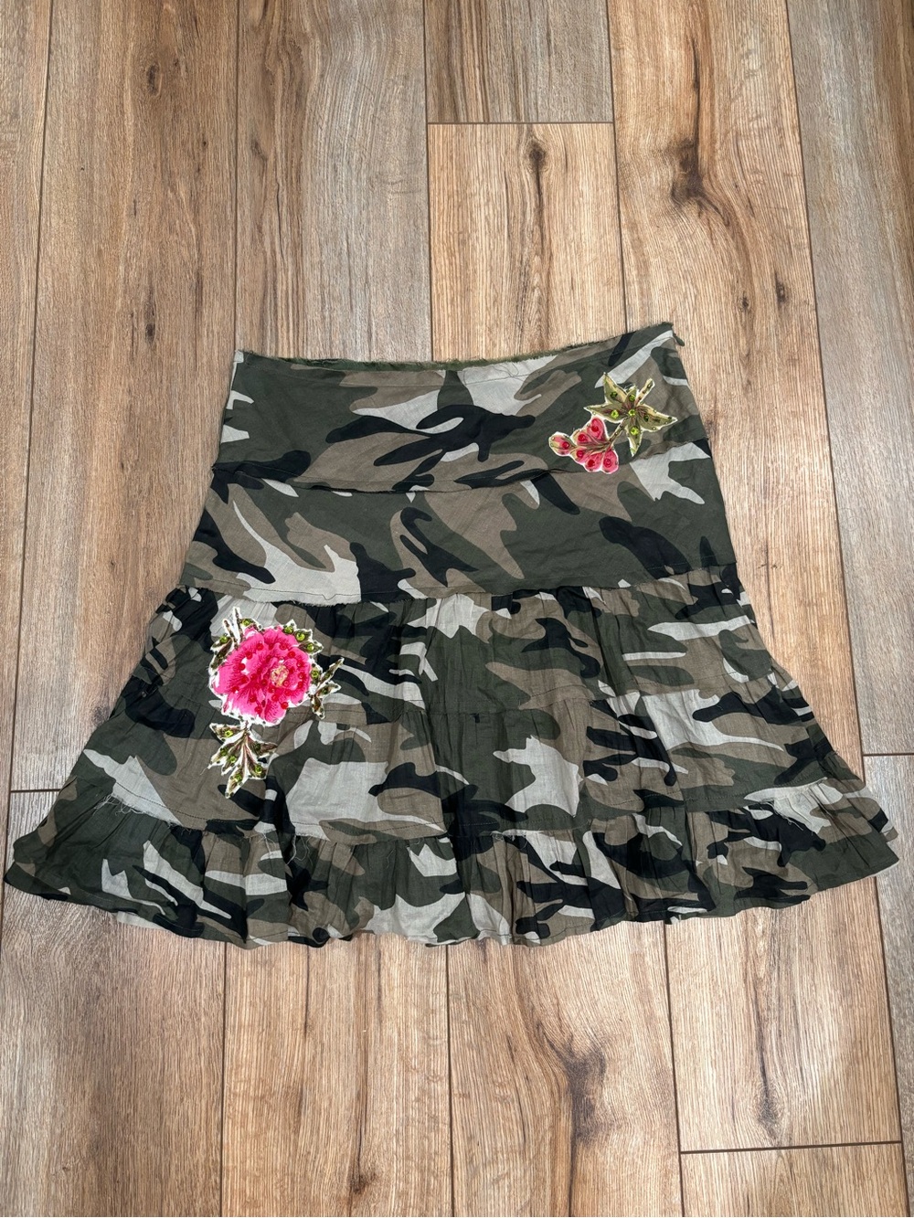 Vintage Y2K Tiered Peasant Camo Skirt with Sequin Flowers by Tokyo Denim